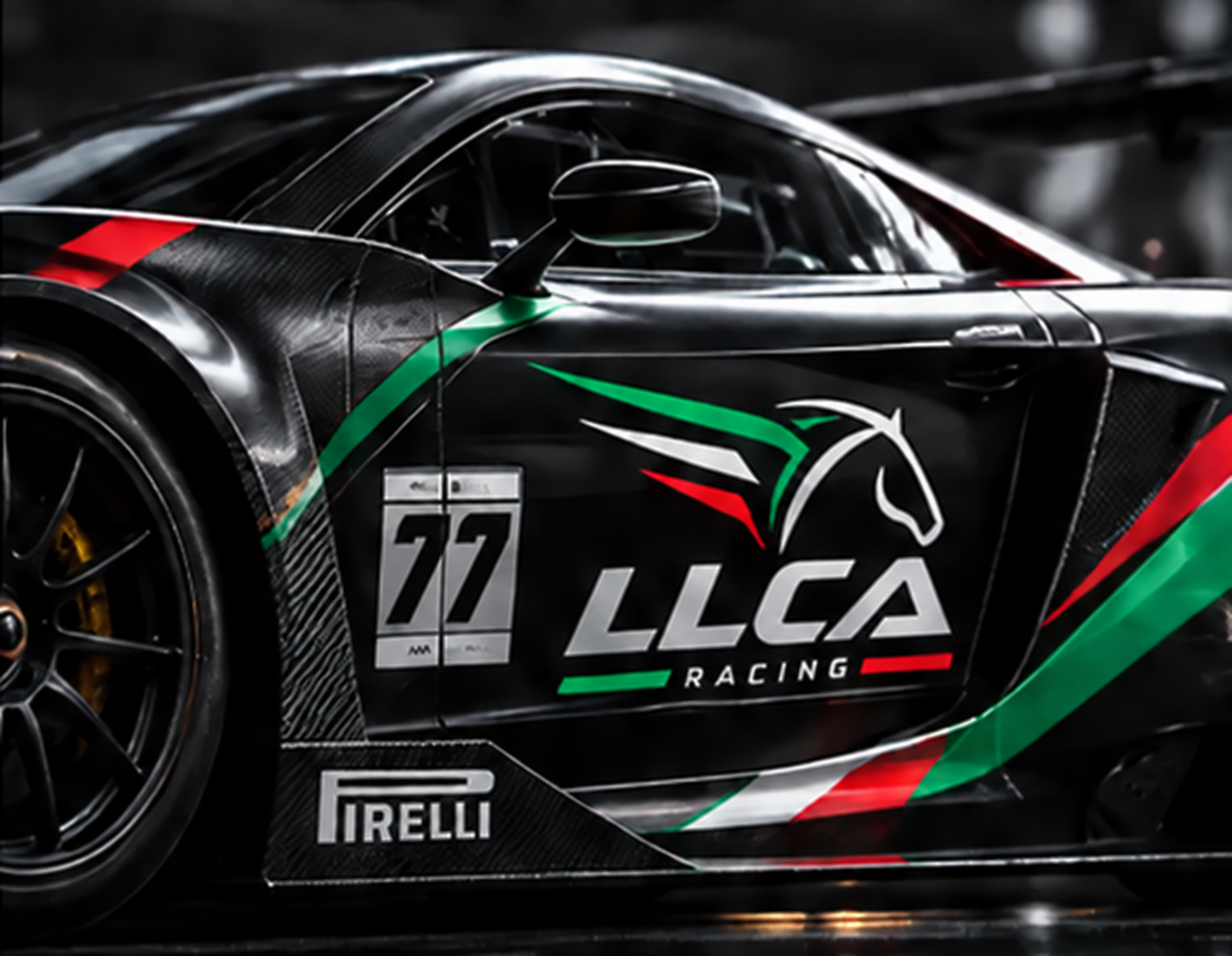 Concept della nuova identità LLCA Racing applicata alla livrea di una vettura da corsa